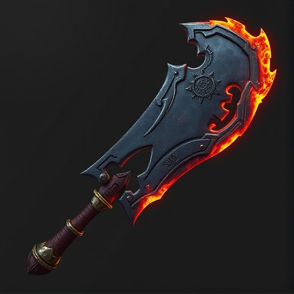 **Appearance:**

- **Design:** The Inferno Cleaver is a large, imposing melee weapon with a broad, heavy blade designed for delivering powerful swings. The blade has a jagged, fiery edge that hints at its burning capabilities.
- **Finish:** Dark, scorched steel with glowing orange or red accents along the edge to reflect its incendiary nature. The metal looks battle-worn and charred, giving it a rugged, fiery appearance.
- **Handle:** The handle is sturdy and ergonomically shaped, wrapped in a heat-resistant, textured material for a secure grip. It may have additional metallic reinforcements and subtle flame motifs.
- **Details:** The cleaver features engraved flame patterns or runes on both the blade and handle, emphasizing its connection to fire and enhancing its overall intimidating look. When equipped or swung, the blade might emit a faint, fiery glow to visually signify its burning effect.