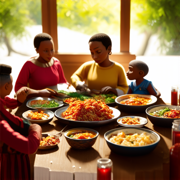 Repas de famille afro-américaine traditionnel, réunis autour d'une grande table avec des plats faits maison typiques