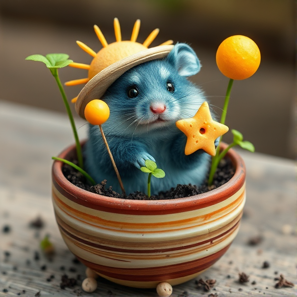 Hamster in a Saturn plant pot with potting soil and other sprouts and blue glittery fur with sage green eyes with a sunshine hat in the solar system holding a star and a moon made of Swiss cheese  in realism