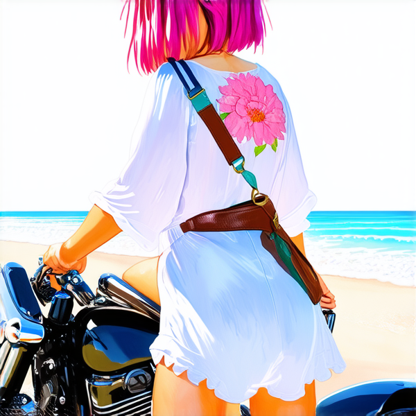 Aquarelle : Femme avec des cheveux rose fuchsia sur une harley noir roule sur le plage. elle porte une robe blanche à grosse fleur rose layette et un sac banane à main en cuir marron lanière rose et bleu et vert porté en bandoulière