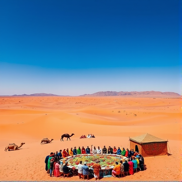 Un panorama captivant dépeignant l'immensité impressionnante du désert maroco-algérien sous un ciel azuréen immaculé. En premier plan, une assemblée chaleureuse de personnes des communautés marocaine et algérienne célébrant autour d'un somptueux festin traditionnel, égayant le paysage avec leurs vêtements aux couleurs vives qui tranchent avec les teintes ocres des dunes onduleuses. Des tentes berbères richement décorées et quelques chameaux reposants ajoutent à cette atmosphère de convivialité et d'harmonie culturelle. À l'horizon, se dressent des montagnes majestueuses, sentinelles bienveillantes de ce moment historique d'unité et de paix.
