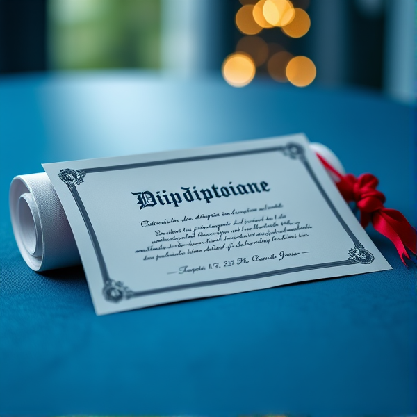 Diplôme écrit en français posé sur une table  bleue