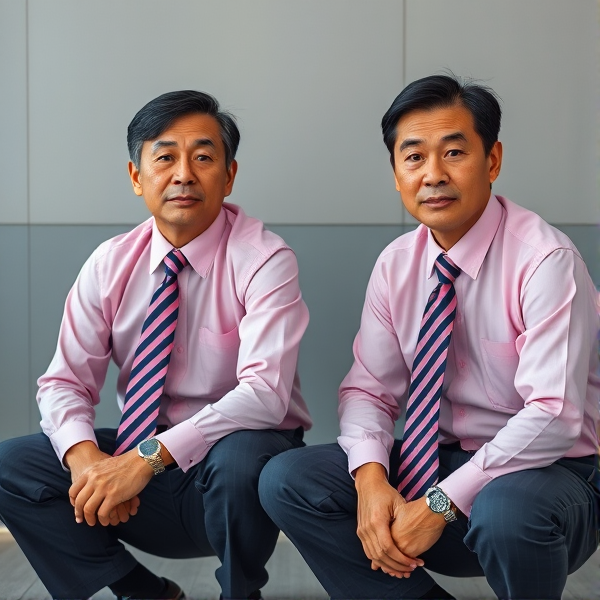 2 businessmen viril  japonais senior accroupis  avec une cravate à larges rayures large et chemise rose. Ils regardent la caméra