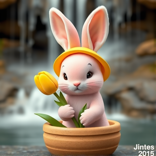 A cute mini pink bunny with droopy ears and a yellow tulip hat holding a tulip in a round Jupiter looking pot in front of a water fall in realism