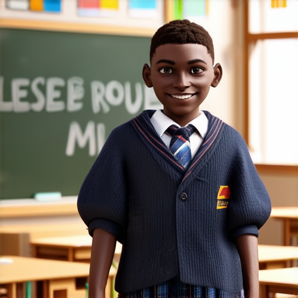 deux garçons noirs de 14 ans, vêtue d'uniforme scolaire , debout souriante et concentrée devant un tableau noir rempli de regles d'orthographe en français  dans une salle de classe ensoleillée et colorée avec des bureaux en bois et des affiches éducatives sur les murs