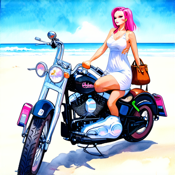 Aquarelle : Femme avec des cheveux rose fuchsia sur une harley noir roule sur le plage. elle porte une robe blanche à grosse fleur rose layette et une sacoche à main en cuir marron lanière rose et bleu et vert porté en bandoulière