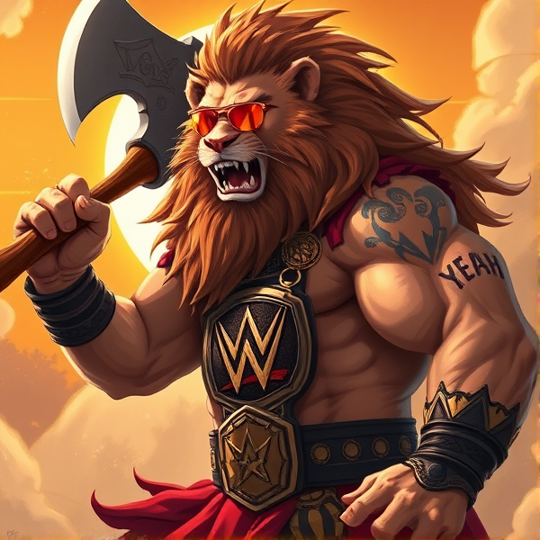 Un Lion barbare dieux du soleil une hache, avec des poils de lion et une carrure imposante et avec la ceinture de la wwe le catcheur et ces lunettes de soleil, il a un tatoo sur le bras écris YEAH!