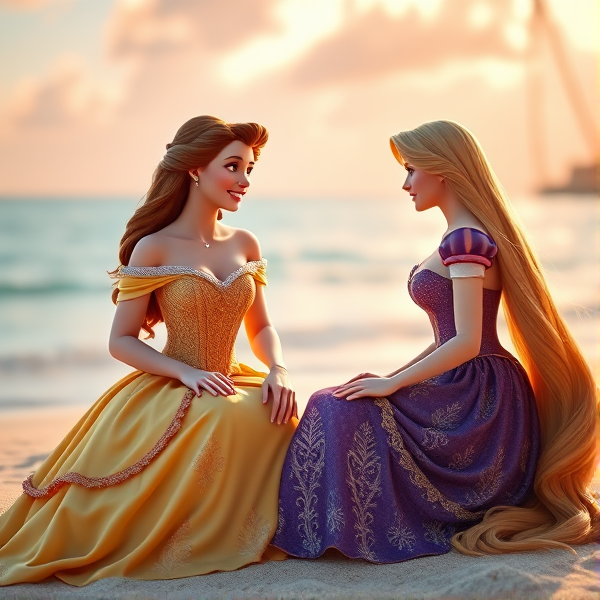 Belle et Raiponce, les princesse Disney, sont sur une plage et discutent ensemble elles ont l'air épanouies. Elles portent leurs robes habituelles (les plus connues).