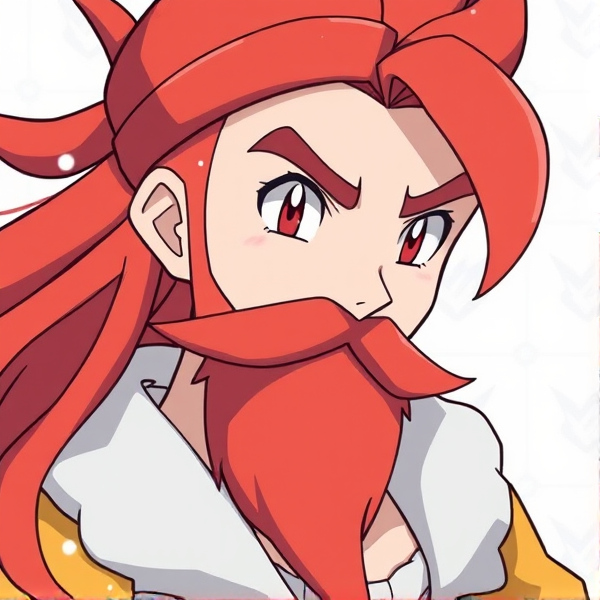 A water type Pokémon trainer with a red beard and long brown hair.