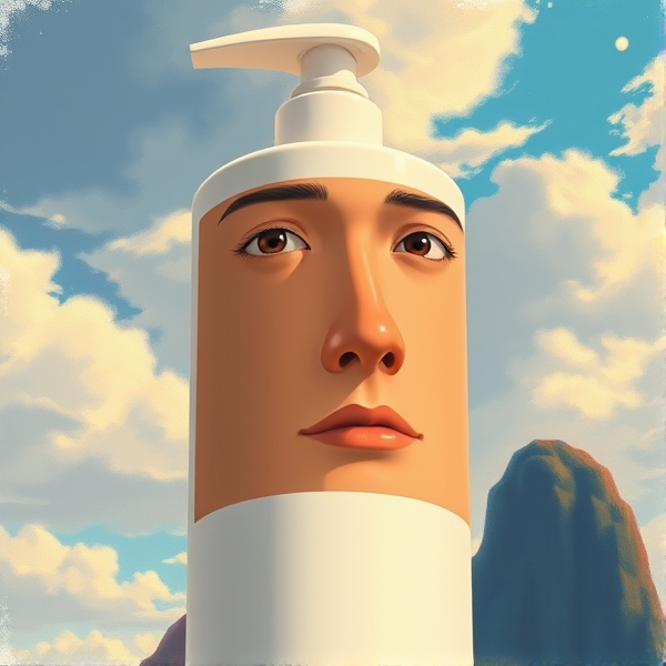Human face realistically photoshopped onto a white cylindrical lotion bottle, detailed facial features like eyes, nose, and mouth seamlessly integrated with the label, skin tone of the face matching the texture of the bottle's surface, expression neutral and looking straight ahead, high-resolution image