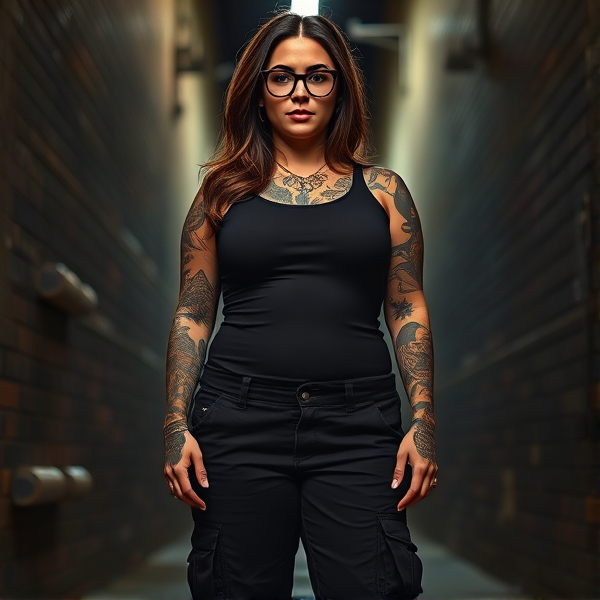 A realistic portrayal of a confident 26-year-old woman standing assertively in a dimly lit alley at night. She has a plus-size figure with prominent curves: a large stomach, ample breasts, sizable thighs, and a pronounced buttocks. Her height is 4'11", accentuating her full figure. She sports stylish black glasses framing her face, and her brown hair cascades down in long waves, reaching well past her shoulders. Her skin is adorned with an array of tattoos covering her arms and visible areas of skin. Dressed in utilitarian fashion, she wears black cargo pants paired with a fitted black tank top that hugs her body shape. The image should capture the gritty atmosphere of the alley's darkness juxtaposed with the woman's striking presence.