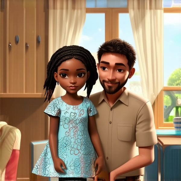 jolie petite fille noire de 8ans en robe avec des tresses africaines avec son pere et sa mere à la maison