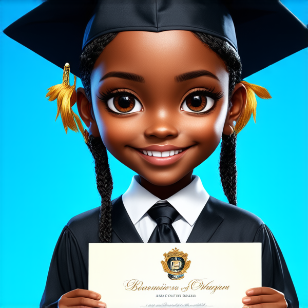 jeune fille noire de huit ans avec des tresses africaines traditionnelles, habillée élégamment pour une cérémonie de remise de diplôme, tenant son certificat, souriante et fière