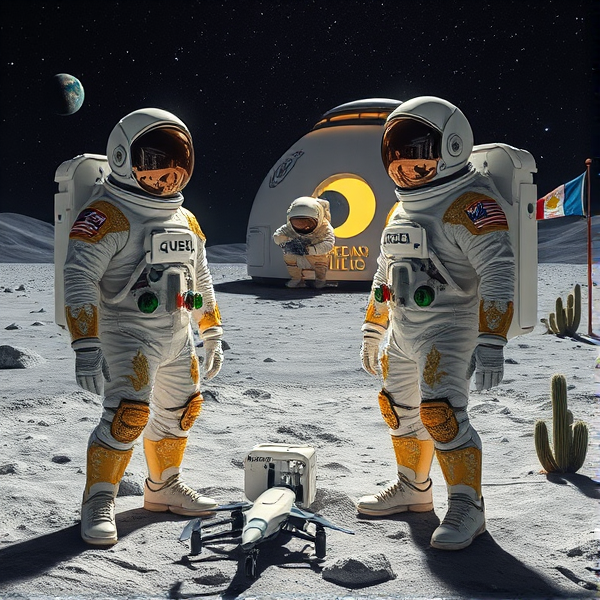 Trois astronautes, dont un humain et deux extraterrestres aux caractéristiques fascinantes, posent sur le sol lunaire. Ils se tiennent sur une surface de régolithe scintillant. L'un des extraterrestres arbore une chevelure blonde flottante qui s'échappe de son casque en apesanteur, visible à travers son casque transparent. Leurs combinaisons spatiales immaculées sont ornées de motifs dorés élaborés et incrustées de joyaux étincelants captant la lumière stellaire, avec des finitions chromées miroitantes. Chaque combinaison est pourvue d'un écusson distinctif de leur mission spatiale unique. Ils s'accroupissent et manœuvrent des instruments scientifiques avancés avec des gants conçus spécialement pour cette tâche.

Dans un biodôme avant-gardiste fait de matériaux lunaires innovants, on aperçoit un astronaute plantant délicatement des graines dans un jardin hydroponique éclairé par une lumière imitant le spectre solaire. Les visières réfléchissantes des casques offrent un reflet saisissant du paysage lunaire austère alentour. Un habitat modulaire trône en arrière-plan avec le symbole du Québec sur sa façade, et permet d'admirer la Terre au loin à travers sa fenêtre panoramique.

À proximité, on distingue des appareils scientifiques de pointe cohabitant avec des panneaux solaires efficients. Un drapeau du Manchester City Football Club flotte près de l'habitat modulaire, symbolisant la synergie entre le sport et la conquête spatiale.

Le paysage lunaire est ponctué par des cratères majestueux qui se détachent face aux installations sophistiquées de la colonie. Une lumière douce illumine la scène tandis que le ciel nocturne constellé d'étoiles s'étend au-dessus dans un bleu outremer profond. Près du biodôme se hisse fièrement le drapeau acadien et non loin se trouve une navette spatiale extraterrestre élégamment conçue entourée par diverses créatures paisibles lunaires. Un drone discret patrouille à proximité du pavillon québécois enrichissant davantage cette vue exotique parsemée de cactus lunaires inhabituels et une adorable créature extraterrestre jouxtant le jardin hydroponique.argent dollard,liasse