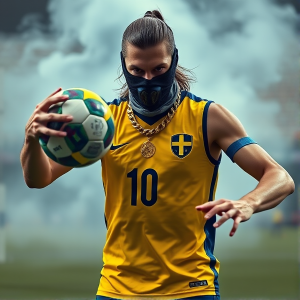 Zlatan Ibrahimovic en action agressive sur un terrain de football, portant un masque de ski intimidant et une chaîne en or épaisse avec un anneau imposant, entouré d'une fumée mystérieuse s'échappant en arrière-plan créant une atmosphère dramatique. Il jongle avec un ballon de football personnalisé aux couleurs de la Suède, numéro 10 visible, tout en portant un gilet soccer bleu et jaune vibrant aux couleurs de l'équipe nationale suédoise, reflétant sa fierté nationale. L'accent est mis sur sa posture dominante et son regard fixe qui transmettent son esprit compétitif.tatoo