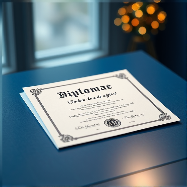 Diplôme écrit en français posé sur une table  bleue