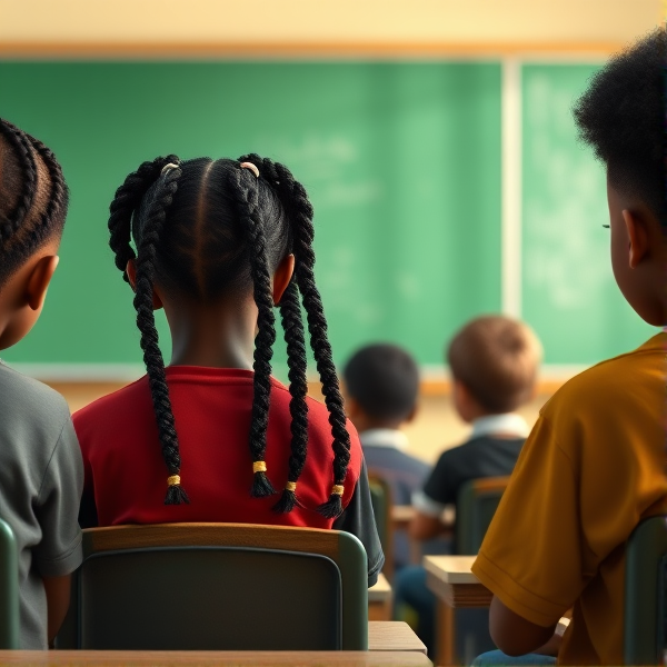des filles noires de huit ans avec des tresses africaine et des garçons assis dans une classe face au tableau vert
