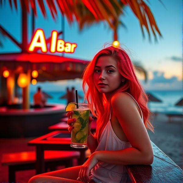 A young woman with vibrant red hair sitting at a beachfront bar during sunset, enjoying a refreshing Mojito. She's casually dressed in summer attire that complements the laid-back atmosphere. The bar is named "AI Bar," which is prominently displayed in glowing neon lights above the bar counter. The scene captures the essence of a relaxing tropical vacation vibe, with clear blue skies and a tranquil ocean in the background.