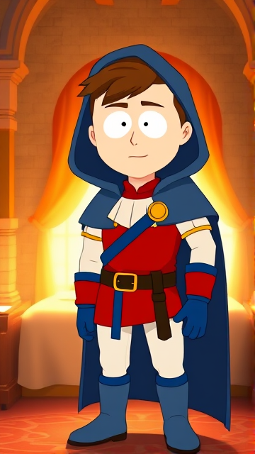 Clyde Donovan from South Park, light skin and brown hair, but as a 14-Year Old, dressed as a medieval prince with a red shirt with white sleeves, a black belt with a gold buckle, white pants, blue boots, blue long-cuffed gloves, and wreathed in a big blue hooded cape, now known as Prince Donovan. Despite still being a kid, he is the Youngest Ruler of South Park, Colorado, but now reborn as the real life Kingdom of Kupa Keep, Zaron, and Prince Donovan is its youngest and greatest hero. The young teenage prince of Kupa Keep is currently standing in his bedroom in his new home of Kupa Keep Castle, preparing to set out for adventure.