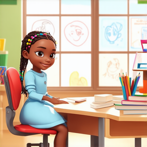 Jeune fille africaine de 8 ans vêtue d'une robe bleu ciel, coiffée de tresses africaines complexes avec des perles colorées, affichant un large sourire éclatant, assise sur une chaise d'écolier face à un bureau en bois clair, dans une salle de classe ensoleillée et bien éclairée, avec des fournitures scolaires et des dessins d'enfants visibles en arrière-plan