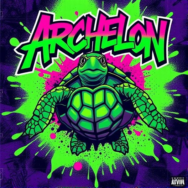 Album cover featuring dynamic graffiti-style artwork centered around a vibrant, stylized turtle. The background is infused with electric greens and deep purples to complement the central figure. Emblazoned across the top in bold, graffiti lettering is the artist's name: Archelon. The entire composition should exude urban street art energy and creativity.