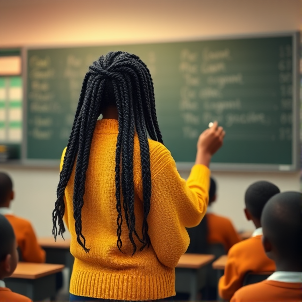 Une enseignante noire âgée de quarante ans coiffée de tresses africaines traditionnelles, portant un pull jaune  se tient le dos tourné en train d'y écrire à la craie blanche au tableau dans une salle de classe avec des élèves noires agés de huit ans.