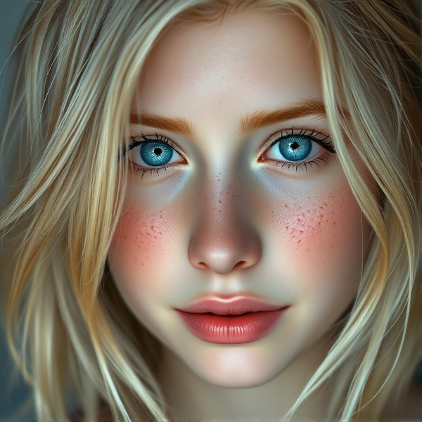 A portrait of a youthful blonde teenager with striking big blue eyes, scattered light freckles across the nose and cheeks, expressing a subtle smile