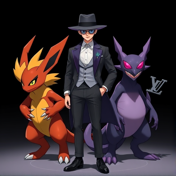 Elegant Pokémon Trainer 'N' dressed in a stylish Louis Vuitton outfit standing with Zoroark and Gengar (Ectoplasma) flanking him, showcasing a harmonious blend of high fashion and the Pokémon universe