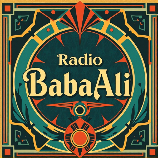 Affiche vintage en style art déco avec le texte "Radio BabaAli" en caractères élégants au centre, ornée de motifs géométriques et d'éléments rétro des années 1920, couleurs vives et contrastées