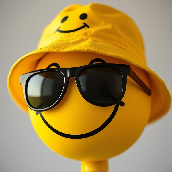 A yellow smiley face wearing a yellow bucket hat with a smiley face on it and black shades