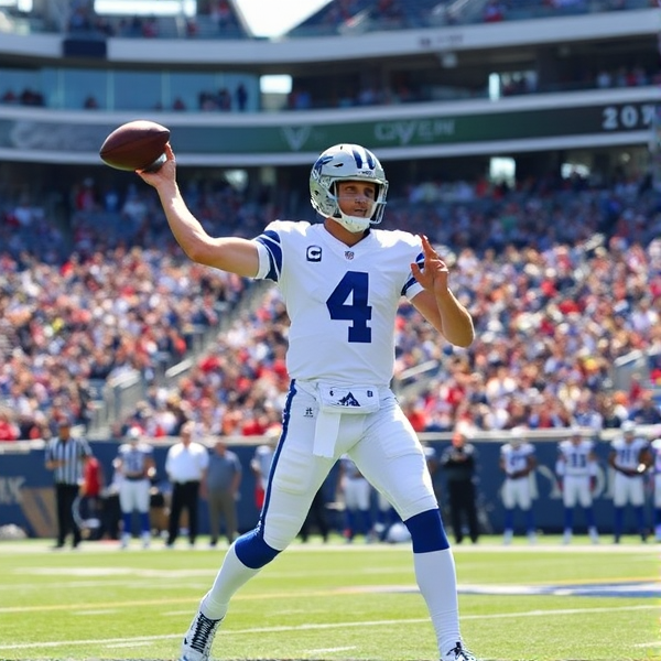 Dak Prescott in action, wearing a Dallas Cowboys uniform, mid-throw on the football field during a sunny game day with the stadium filled with fans