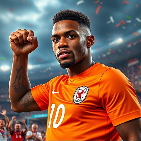 Portrait ultra-réaliste et saisissant de Memphis Depay, héros triomphant, au sommet de la gloire après avoir marqué le but décisif lors de la finale de la Coupe du Monde. Il représente les Pays-Bas, son visage vibrant d'une palette émotionnelle complexe - ses yeux scintillent avec une détermination farouche, légèrement rougis et embués par des larmes cristallines de pur bonheur. La lumière crue des projecteurs souligne chaque goutte de sueur qui perle sur sa peau bronzée, accentuant sa musculature impressionnante et sa mâchoire carrée résolue, symboles incarnés de son dévouement sans faille et de sa discipline inébranlable. Ses cheveux coupés court semblent vibrer avec l'atmosphère chargée d'électricité du stade, tandis que ses tatouages distinctifs et sa barbe ciselée apportent une touche supplémentaire d'authenticité à ce portrait vivant. Vêtu du maillot orange éclatant caractéristique des Pays-Bas épousant parfaitement son physique athlétique, le numéro 10 est mis en valeur par un éclat blanc pur. Il brandit un poing victorieux vers un ciel menaçant qui résonne avec l'intensité d'un orage imminent, faisant écho à la passion débordante des supporters. Les visages des fans sont badigeonnés en orange et blanc patriotiques; ils partagent leur euphorie dans un ensemble tumultueux. Des confettis multicolores tournoient dans les airs au-dessus du gazon brillant sous l’effet réflecteur de cette atmosphère surchargée d'énergie; ses coéquipiers rayonnent en toile de fond comme une tapestry vivante d'esprit collectif, se détachant nettement contre un ciel zébré par les flashs stroboscopiques des appareils photos immortalisant ce moment monumental. Le regard perçant de Memphis Depay est celui d'un guerrier comblé mais encore affamé pour la victoire