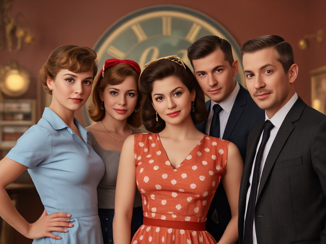 Create 50s theme background and attire for a logo three chicks and a dude with 4 people total 3 woman and one man