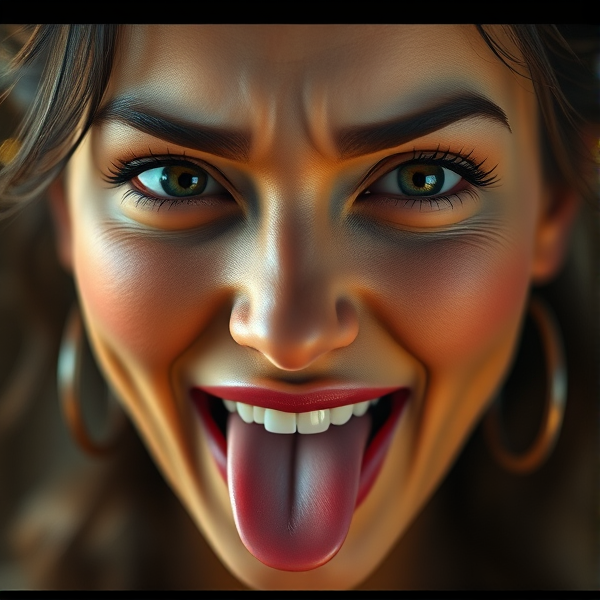 Une femme au regard espiègle lève les yeux au ciel en tirant sa langue de manière taquine et ludique, ses traits exprimant un amusement malicieux, éclairage doux mettant en valeur le visage