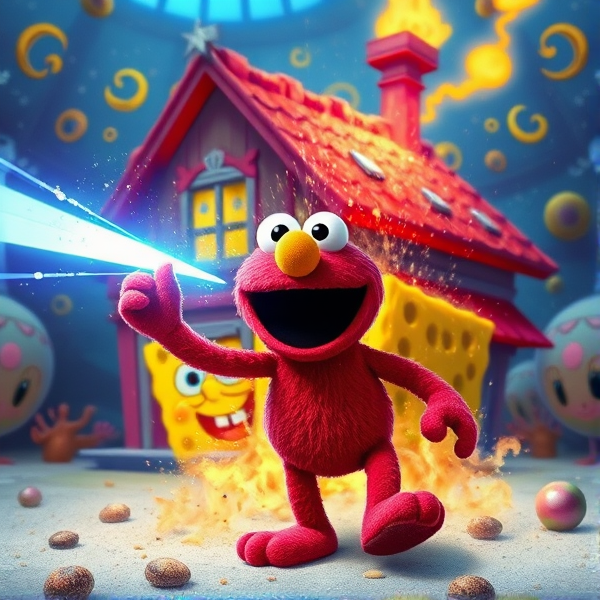 elmo exploding spongebobs house using blue beam