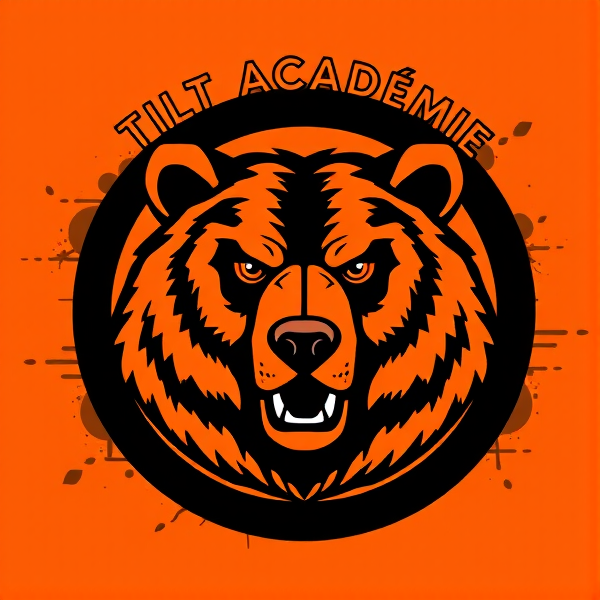Créez un logo d'équipe de soccer captivant avec un grizzly concentré comme motif principal. L'emblème, central et imposant, représente un ours féroce aux yeux perçants, incarnant force et détermination. Les couleurs prédominantes sont un orange vibrant et un noir profond, créant un contraste saisissant qui symbolise l'énergie et l'intensité du sport. Le logo a une forme circulaire parfaite, encadrée d'une bordure noire épaisse et robuste qui lui donne de la substance et du poids visuel. Au-dessus du cercle se trouve le texte "Tilt Académie" écrit en caractères audacieux et modernes, avec une typographie épurée pour faciliter la lecture tout en ayant une présence forte.

L'arrière-plan est habilement stylisé pour évoquer le mouvement et la passion liés au soccer ; il peut s'agir d'illustrations abstraites représentant des traînées dynamiques ou des motifs évoquant une vitesse fulgurante. Des éléments de football subtils sont intégrés dans le design pour renforcer le thème sans surcharger le visuel : pensez à des contours suggestifs de ballon de soccer ou à des silhouettes abstraites de joueurs en action disséminées autour du grizzly.

La composition globale doit respirer la vitalité et exsuder une présence forte, capable d'inspirer tant les joueurs que les supporters. L'objectif est d'avoir un impact immédiat tout en restant intemporel, afin que l'emblème reste pertinent saison après saison.