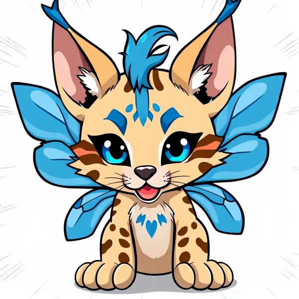 Lynx beige fursona furry with brown and blue markings and blue ears, star blue antennae with bug wings and 4 arms. Cartoony silly little Lynx fursona scenecore with a blue hair tuft.