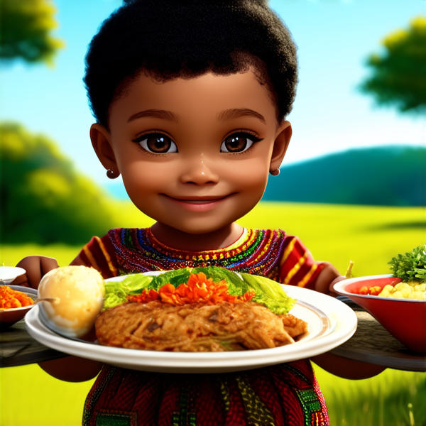 repas en famille traditionnel en extérieur avec des plats africains, sourires, habits colorés, nature environnante