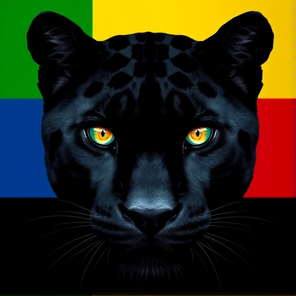 Visage d'une panthère noire avec des yeux  qui ont des couleurs d'un drapeau vert jaune et bleu en horizontal