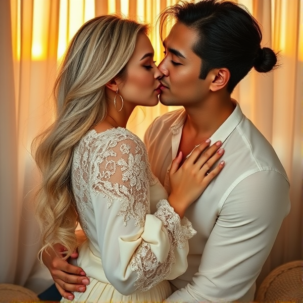Intimate portrait of a Caucasian woman with silky, flowing blonde hair and vibrant emerald green eyes, wearing an elegant ivory lace blouse that gracefully cascades over her figure. Accompanying her is an East Asian man with a defined jawline, warm brown eyes, and shoulder-length wavy black hair, some of which is stylishly tied in a half-bun. They are locked in a loving embrace inside a room where the setting sun casts a cozy amber illumination through gauzy curtains. Positioned on his lap, she gazes into his eyes as they engage in a heartfelt kiss; her delicate fingers are gently woven through his hair at the nape of his neck. The man's hands are tenderly placed just under her blouse on the small of her back above the waistline of her soft skirt, suggesting a subtle display of skin. Their facial expressions embody both tranquility and fervor with their eyes closed, completely absorbed in their affectionate exchange. This close-up scene radiates warmth and intimate connection in an atmosphere filled with romantic privacy