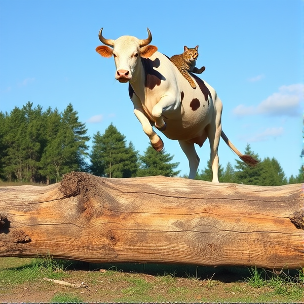 a cow jumping over a log with a cat riding it