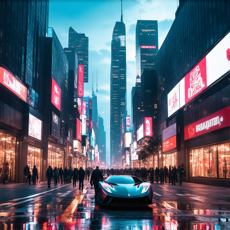 A breathtaking futuristic cityscape at night, featuring towering skyscrapers adorned with vibrant neon lights and dynamic holographic advertisements. Flying cars zoom effortlessly between the buildings, contributing to a bustling cyberpunk atmosphere. On the illuminated streets below, people clad in sleek, high-tech outfits walk with purpose. The wet pavement captures intricate reflections of the surrounding lights and holograms, adding depth and realism to the scene. The sky glows with a faint luminescence from the myriad of lights.