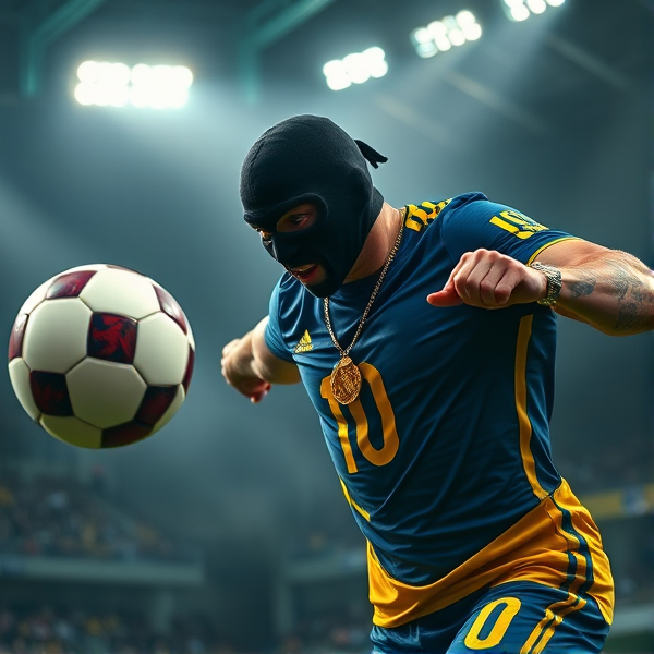 Zlatan Ibrahimovic en pleine action décochant un tir puissant du pied droit dans un ballon de football, ses muscles définis et tendus mis en évidence par un éclairage théâtral qui crée des jeux d'ombres et de lumières contrastées dans le stade. Il est équipé d'un masque de ski noir aux reflets métalliques qui intensifie son regard perçant, tandis qu'une chaîne en or avec un médaillon du lion suédois pèse sur son torse sculpté. À son doigt brille une bague en or incrustée d'une gemme étincelante. Une brume dense s'enroule autour du terrain, contribuant à une ambiance mystérieuse alors que des projecteurs coupent l'obscurité pour révéler des silhouettes estompées dans les gradins. Le numéro 10 ressort brillamment sur son maillot bleu et jaune vibrant, reflétant les couleurs nationales de la Suède et renforçant sa fierté patriotique. Zlatan adopte la pose féroce d'un prédateur au moment de frapper, dominant les adversaires hors-champ avec autorité. Son expression affiche une concentration absolue et la résolution caractéristique du joueur en plein effort. Sur ses bras tatoués se détachent des motifs complexes évoquant ses nombreux succès sportifs. Ses yeux brillent d'une lueur métallique comparable à celle d'armes prêtes à faire feu, sous le regard bienveillant d'une lune argentée qui confère à la scène une qualité surnaturelle presque théâtrale.