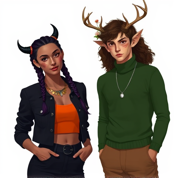 A woman with dark dark purple braided hair. She has small black horns that barely poke out past her hair. She has a gold and silver crystal necklace. She wears a cropped black jacket with silver buttons, a burnt orange crop top underneath, and high waist black pants. Next to her is a man, slightly taller than her, with short brown very curly hair. He has deer antlers with flowers on then and deer markings on his face. He has a silver necklace, and has deer ears. He wears a green turtleneck and brown pants.