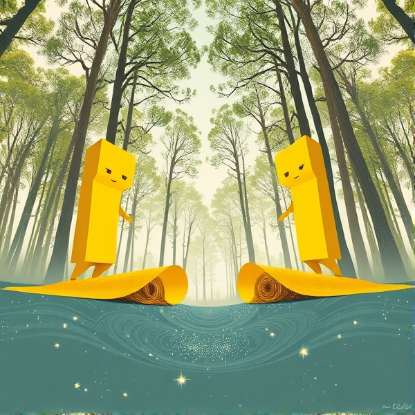 Prominent elements in the image include:

- Vibrant yellow, extremely thin, and flat creatures with no facial expressions, resembling cut-out elastic paper dolls. They have a geometric and square-like melted appearance, with sharp edges and straight lines.
- The creatures are removing rolled-up carpets of earth, which appear to be cut away, revealing a portal to another dimension underneath.
- The scene is set against a backdrop of a natural temperate forest, but with a twist: the trees are now in the sky, resembling a canopy or a forest-like ceiling.
- The ground is a swirling, dreamy expanse of stars, like a starry night sky, creating a surreal and otherworldly atmosphere.
- The creatures are expressionless and seem to be focused on removing the carpets of earth, revealing the portal beneath.
- The overall image has a 2D appearance, with flat, paper-like characters and objects, adding to the surreal and dreamlike quality of the scene.