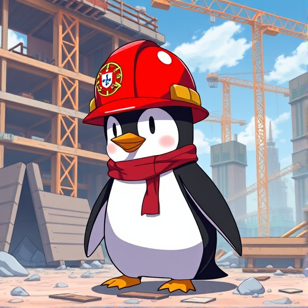 Pingouin dans un chantier avec le drapeau Portugais sur le casques