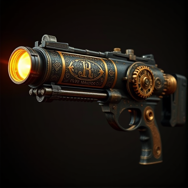 Ornate RPG minigun with engravings and steampunk-fantasy style, glowing barrel, clockwork gears, dark metal and polished wood, magical runes