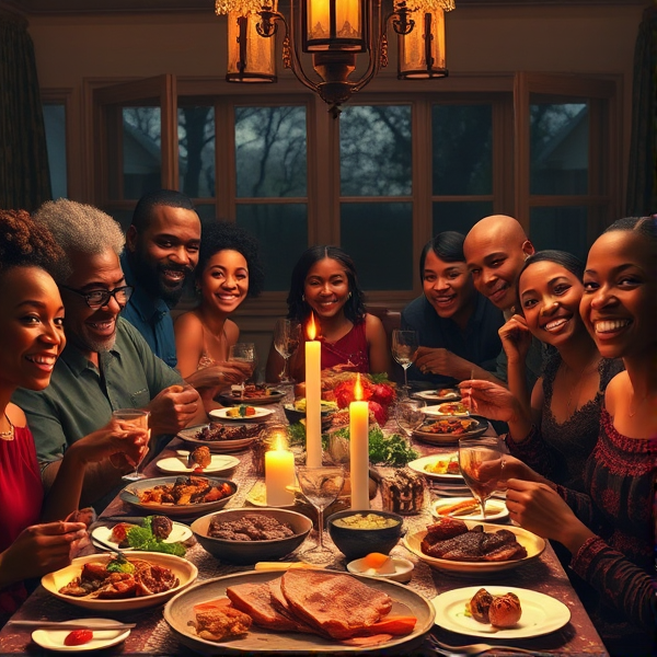 repas chaleureux d'une grande famille afro-américaine réunie autour d'une table festive, sourires et complicité, cuisine traditionnelle, intérieur accueillant