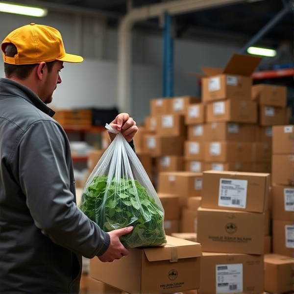 Worker showing a client a bag with greens in it. Ultimate verified vendor list. Boxes