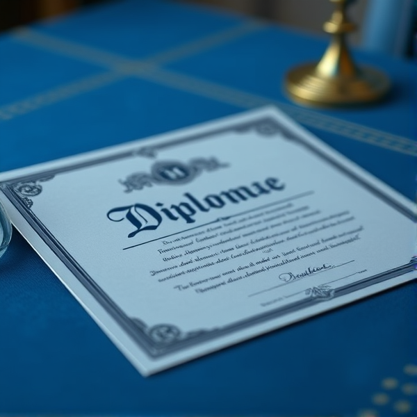 Diplôme écrit en français posé sur une table  bleue